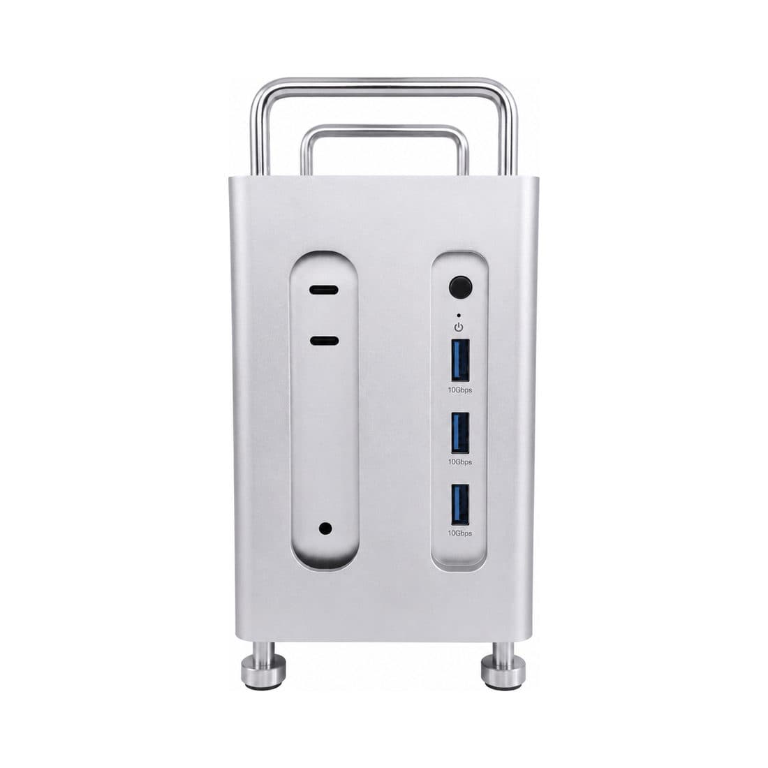 AI Appliance: kompaktes Aluminium-Gehäuse mit Tragegriff und USB-Anschlüssen