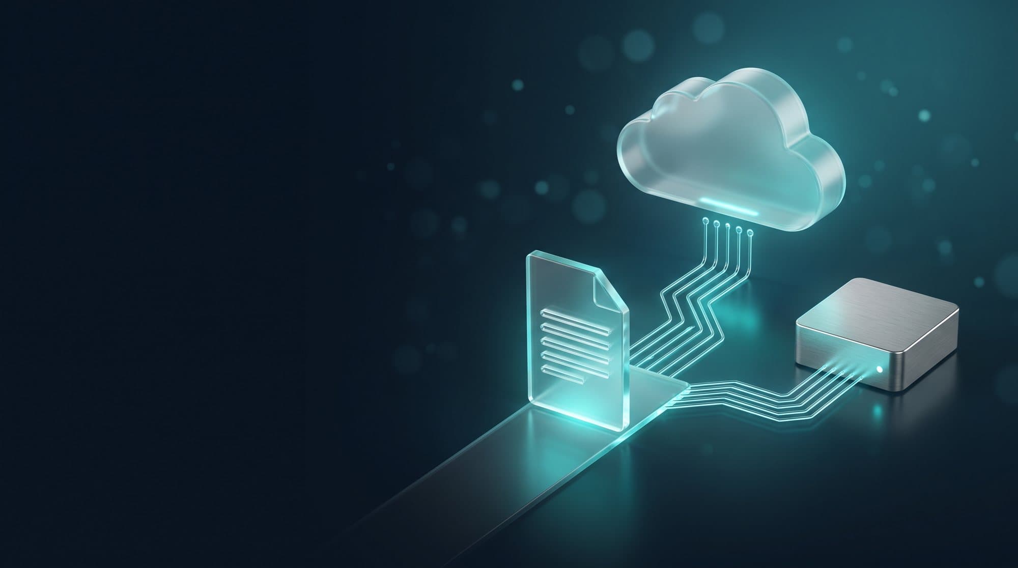 Glowing document at a fork between cloud and server, symbol of the choice between cloud AI and local AI