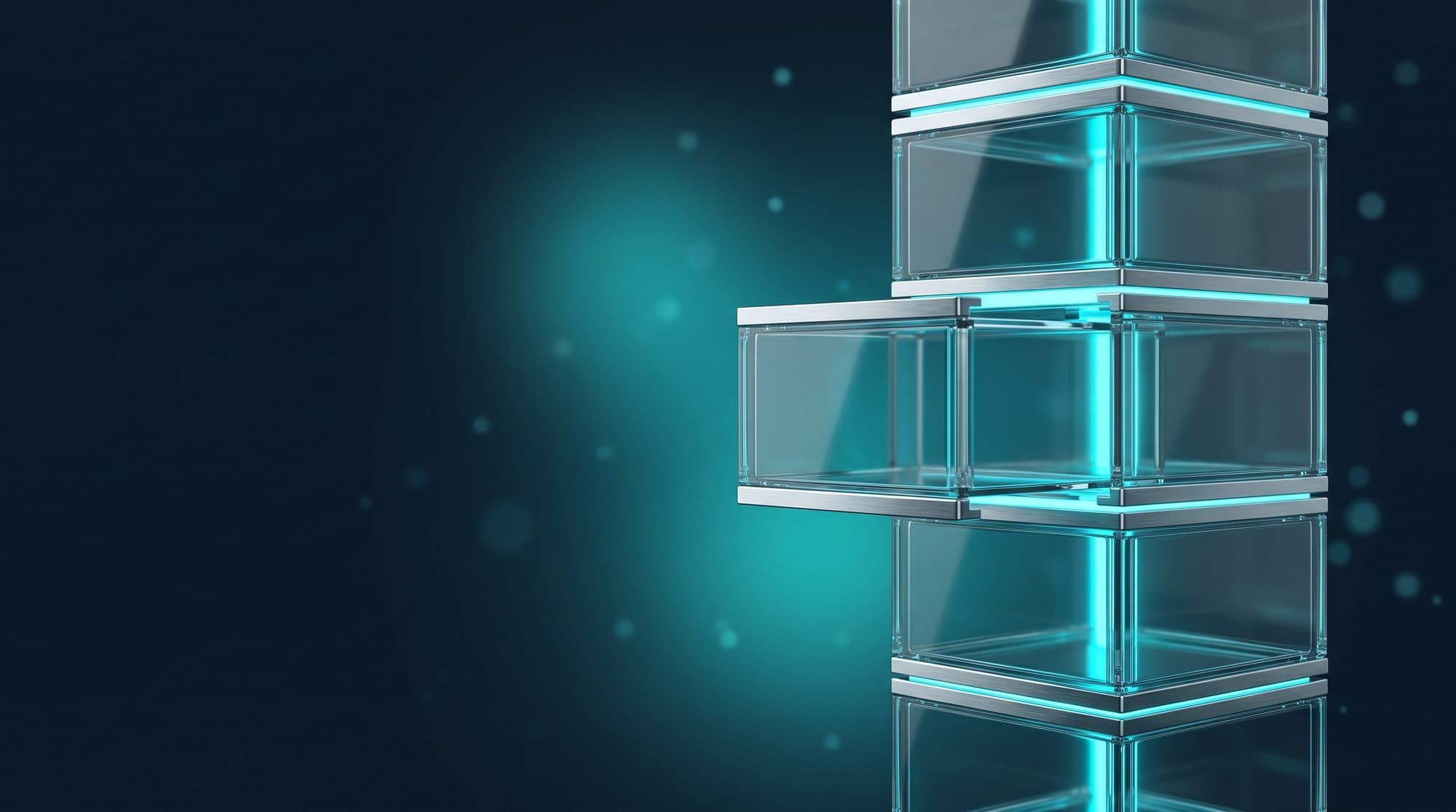 Tower of glass modules with one block pulled halfway out, symbol of an open, swappable AI stack