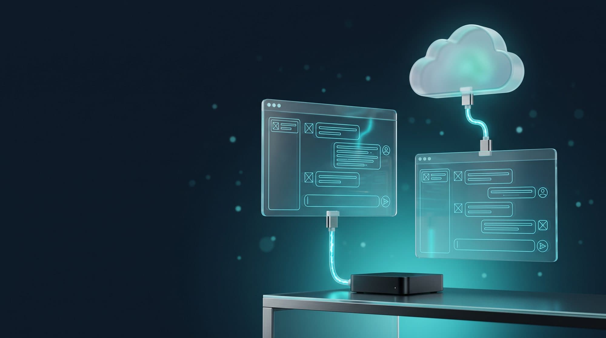 Zwei schwebende Chatfenster, eines mit einem lokalen Server verbunden, eines mit einer Wolke, Sinnbild für Open WebUI und ChatGPT