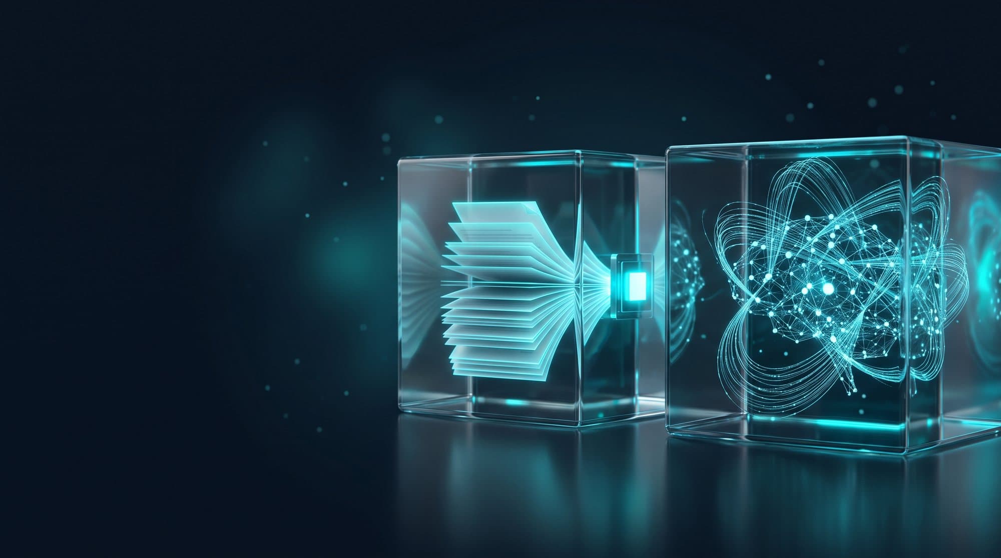 Two glass cubes: documents flowing into a core on the left, a neural core of light threads on the right, symbol of RAG versus fine-tuning