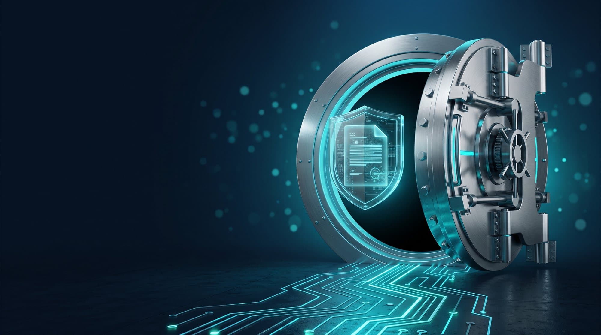 Open vault door with a document behind a shield, symbol of processing sensitive data