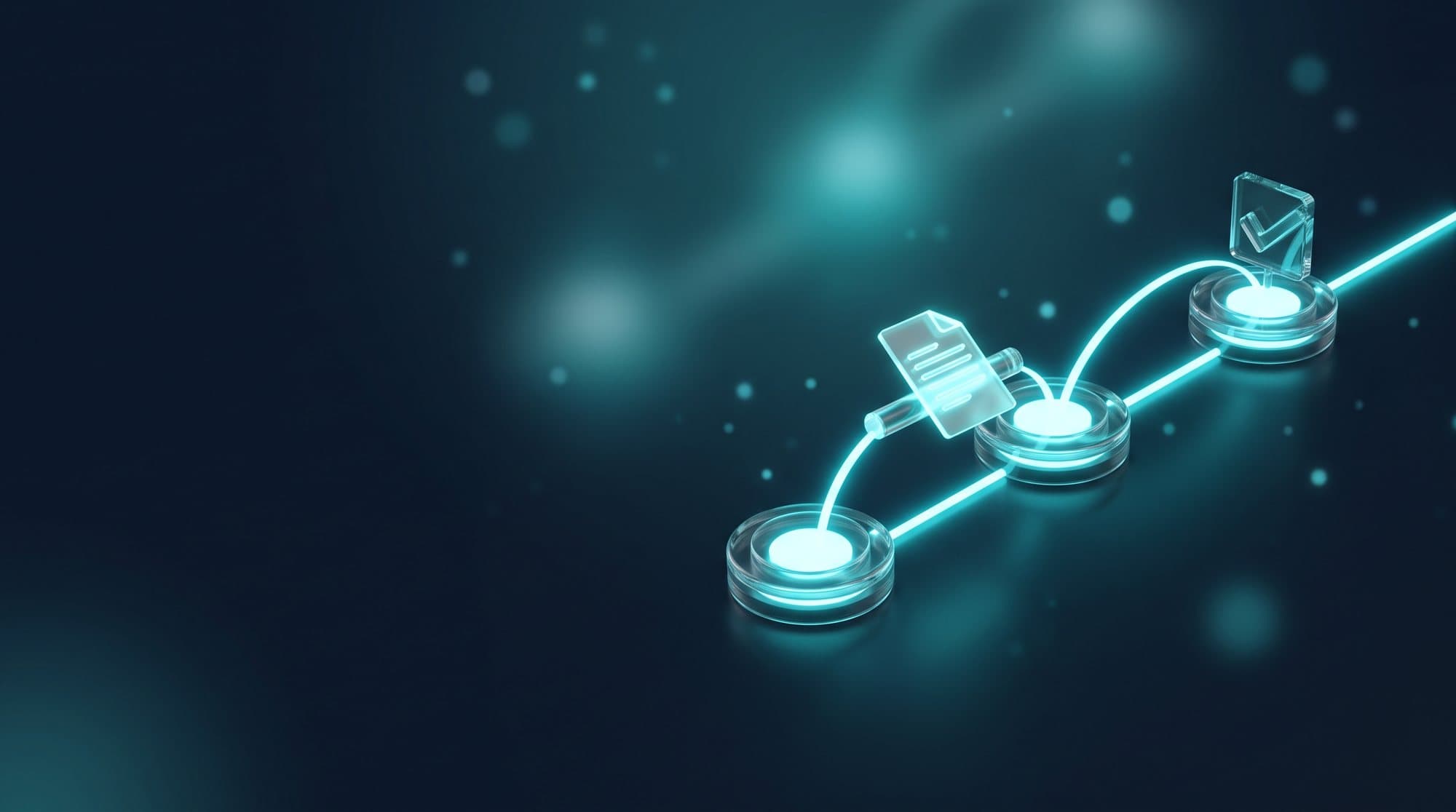 Three glowing nodes in a chain, a document being passed along up to a checkmark, symbol of an AI agent with handovers