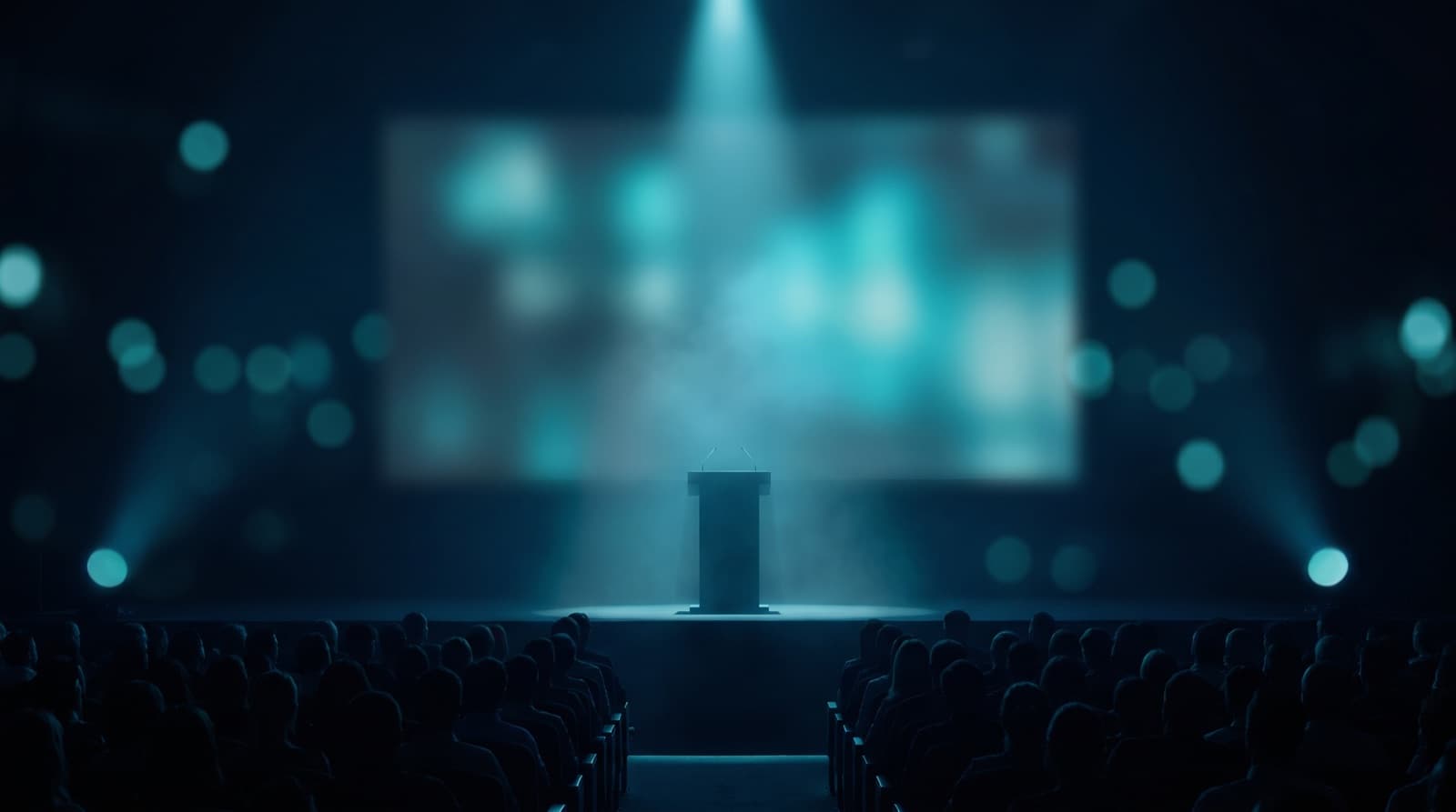Abstrakte Konferenzbühne in Navy und Cyan