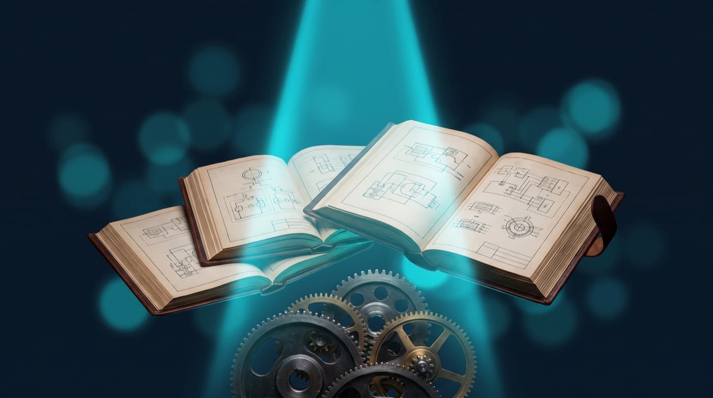 Open technical manuals in a beam of light, symbol of searchable company knowledge