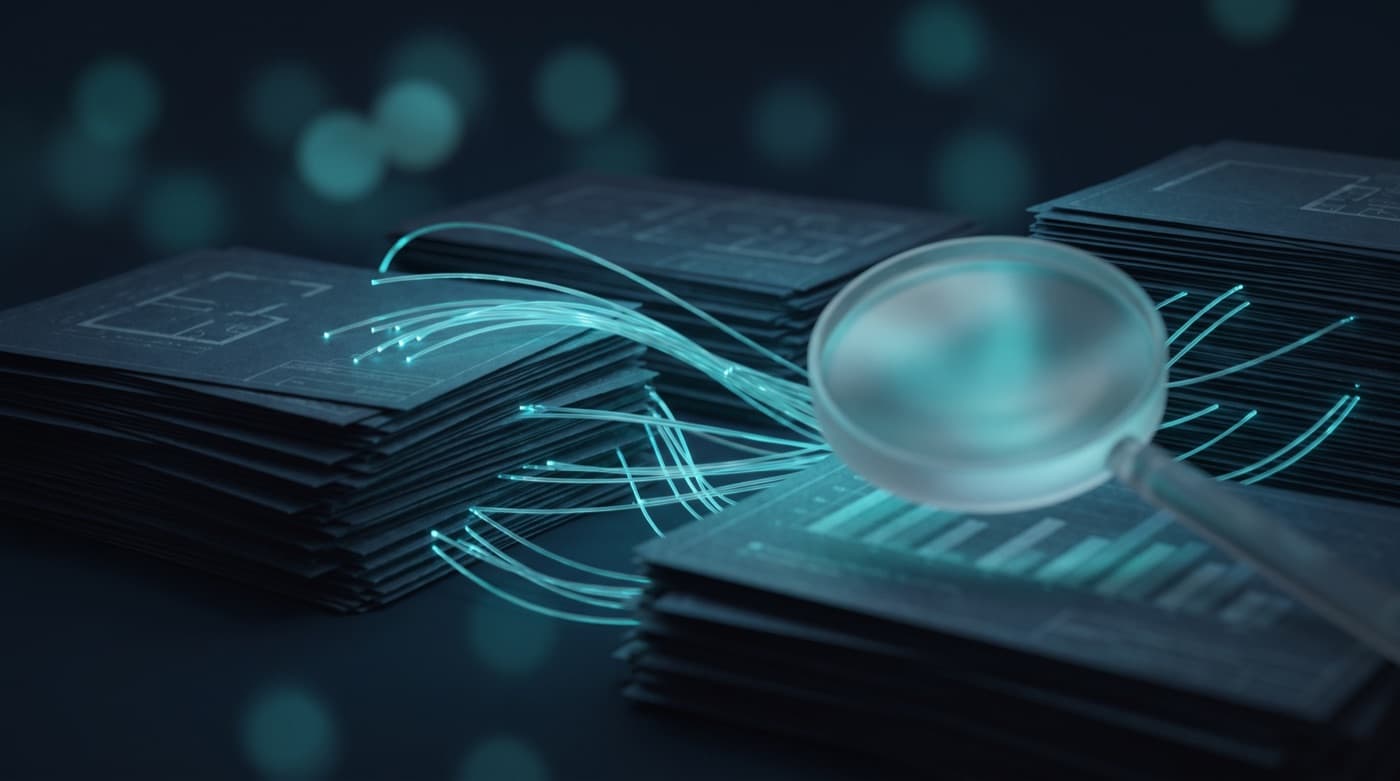 Threads of light connecting stacks of documents under a magnifier, symbol of agents that read and check cases