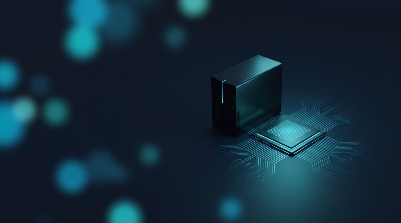 Abstrakte lokale KI-Hardware in Navy und Cyan, Server und Prozessorchip mit Leiterbahnen