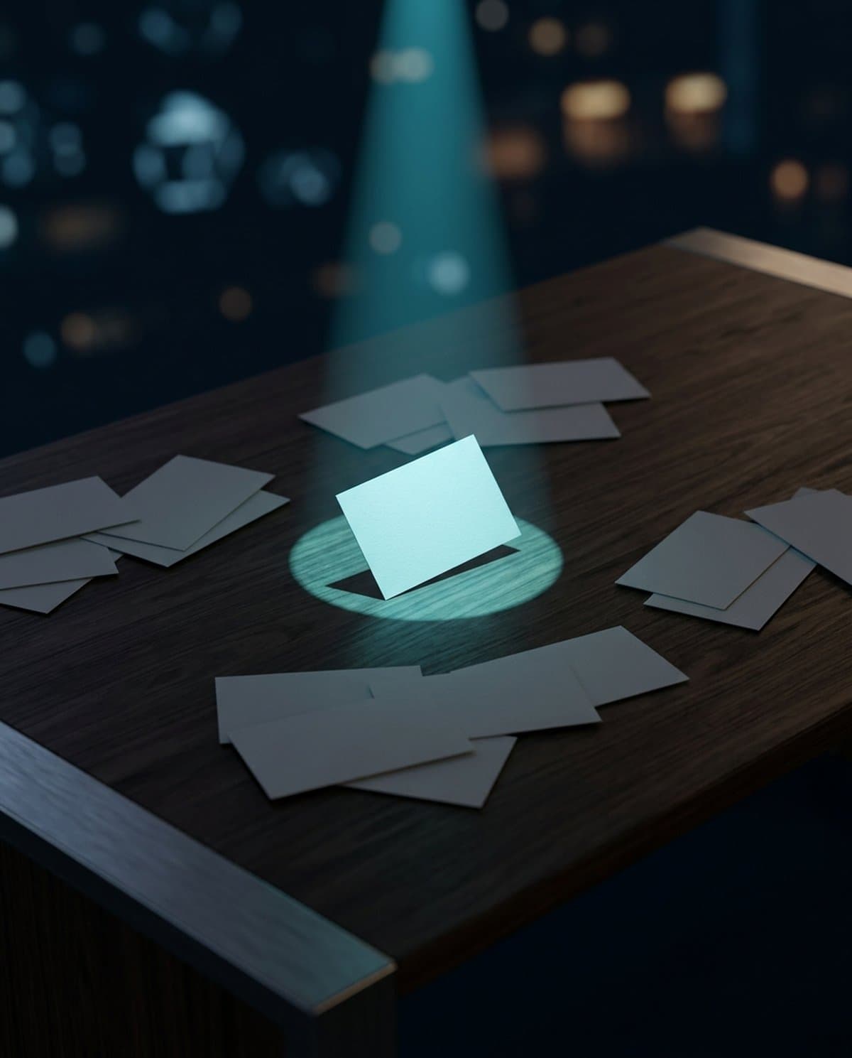 Many blank cards on a dark table, a beam of light picks out exactly one
