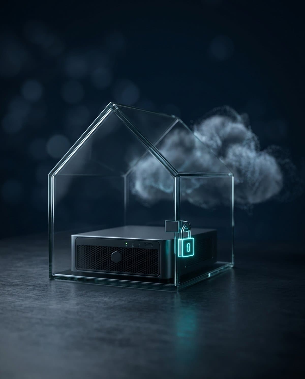 A server inside a glass house with a glowing lock, a blurred cloud behind it