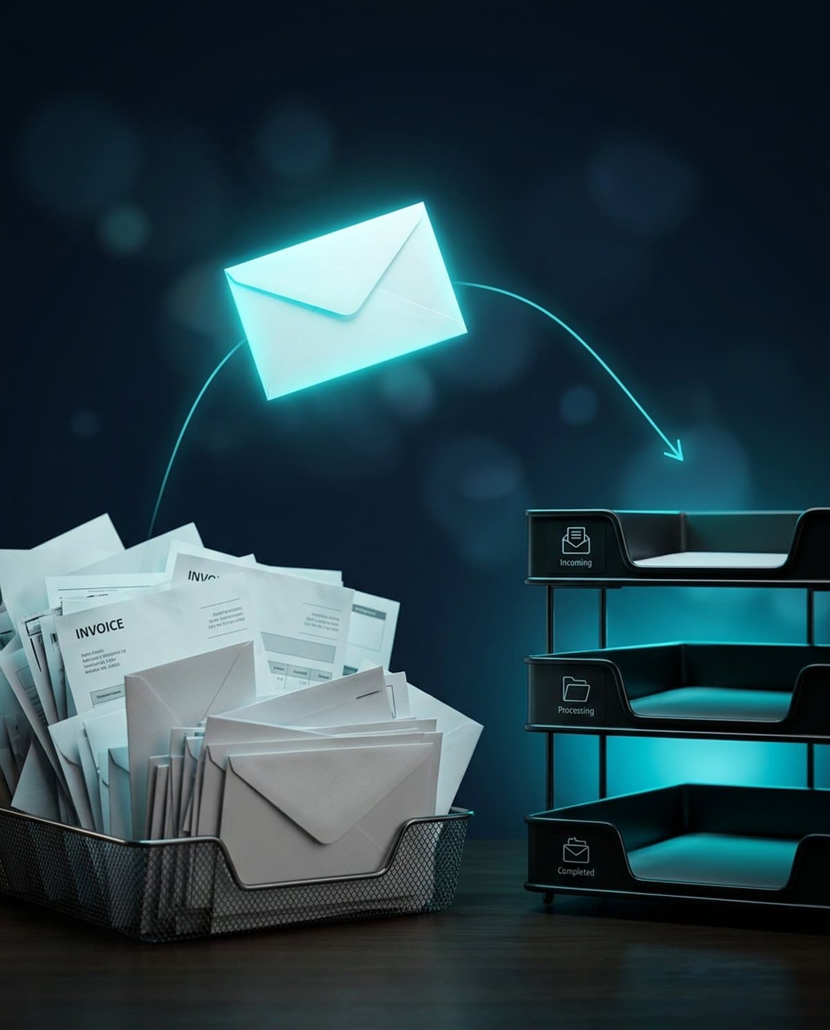An overflowing inbox tray with one envelope guided along a light line into three sorting trays