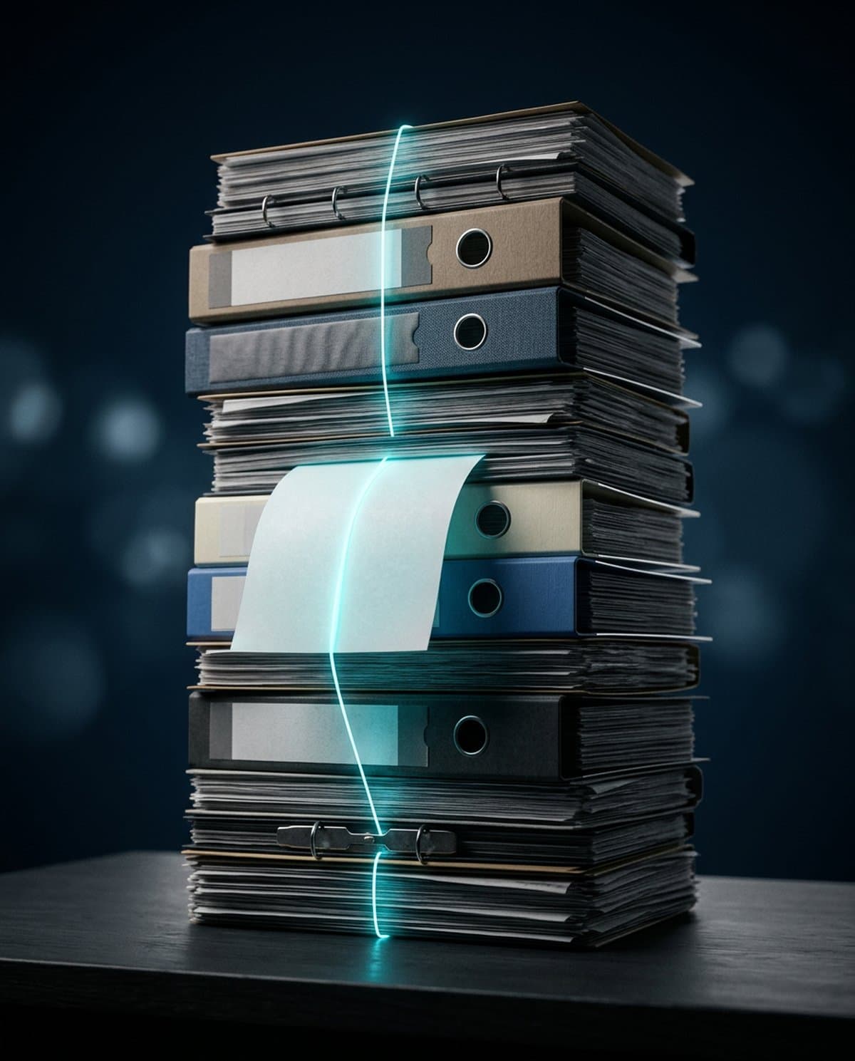 A stack of binders and documents with a glowing thread leading to a single page