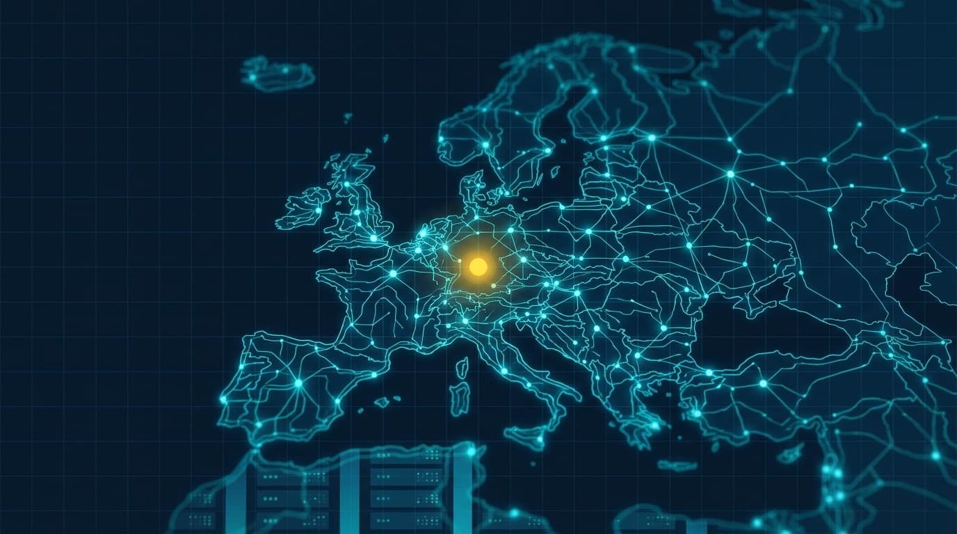 Abstrakte Darstellung europäischer KI-Infrastruktur, Netzknoten über einer stilisierten Europakarte in Navy und Cyan