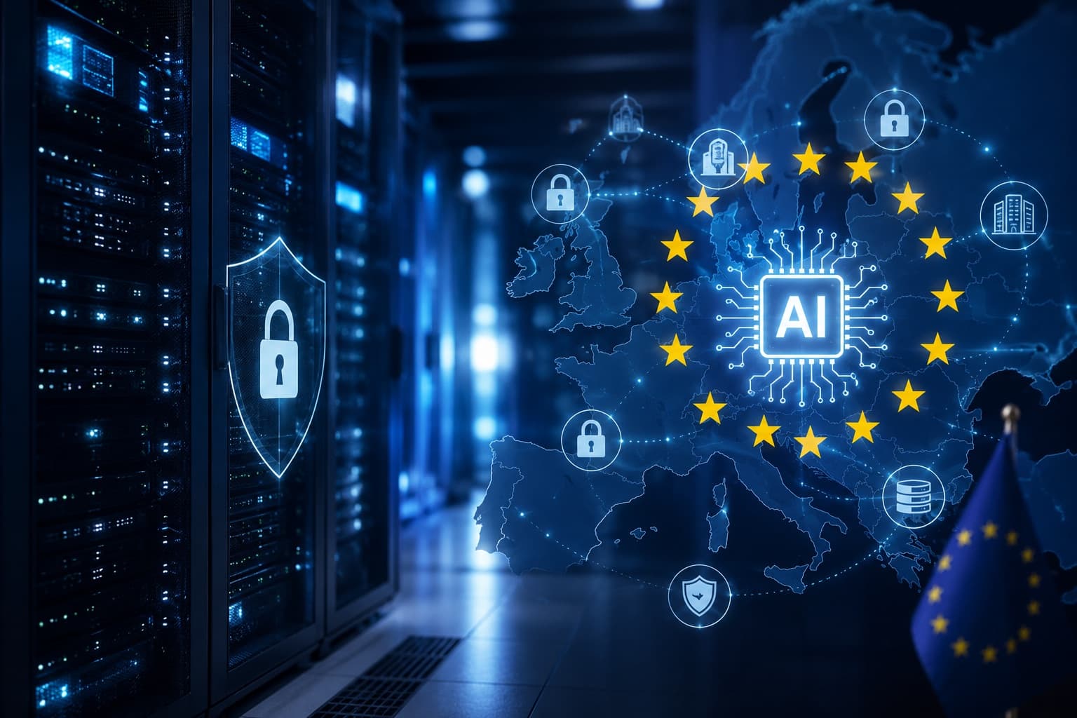 Sichere KI-Infrastruktur in Europa, Rechenzentrum mit AI-Chip und EU-Symbolik
