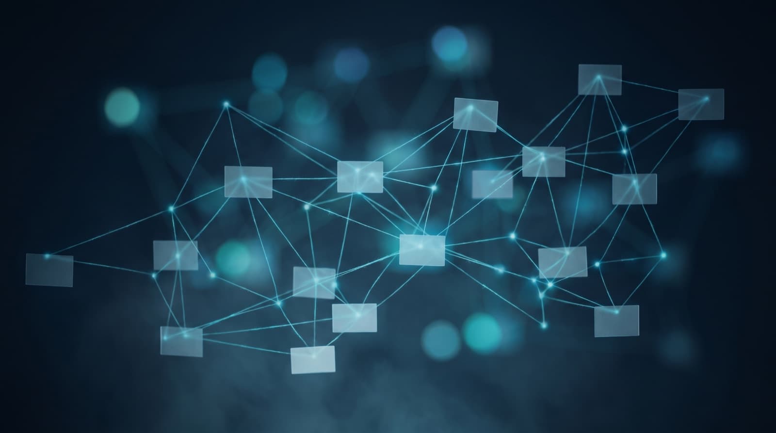 Abstraktes Wissensnetz in Navy und Cyan aus verbundenen Begriffs-Knoten