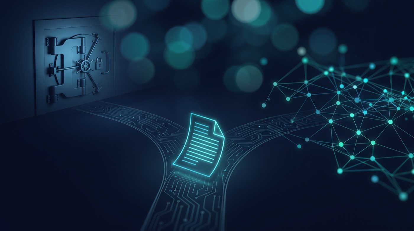 Dokument an einer Weggabelung zwischen Tresor und offenem Netz, abstrakt in Navy und Cyan