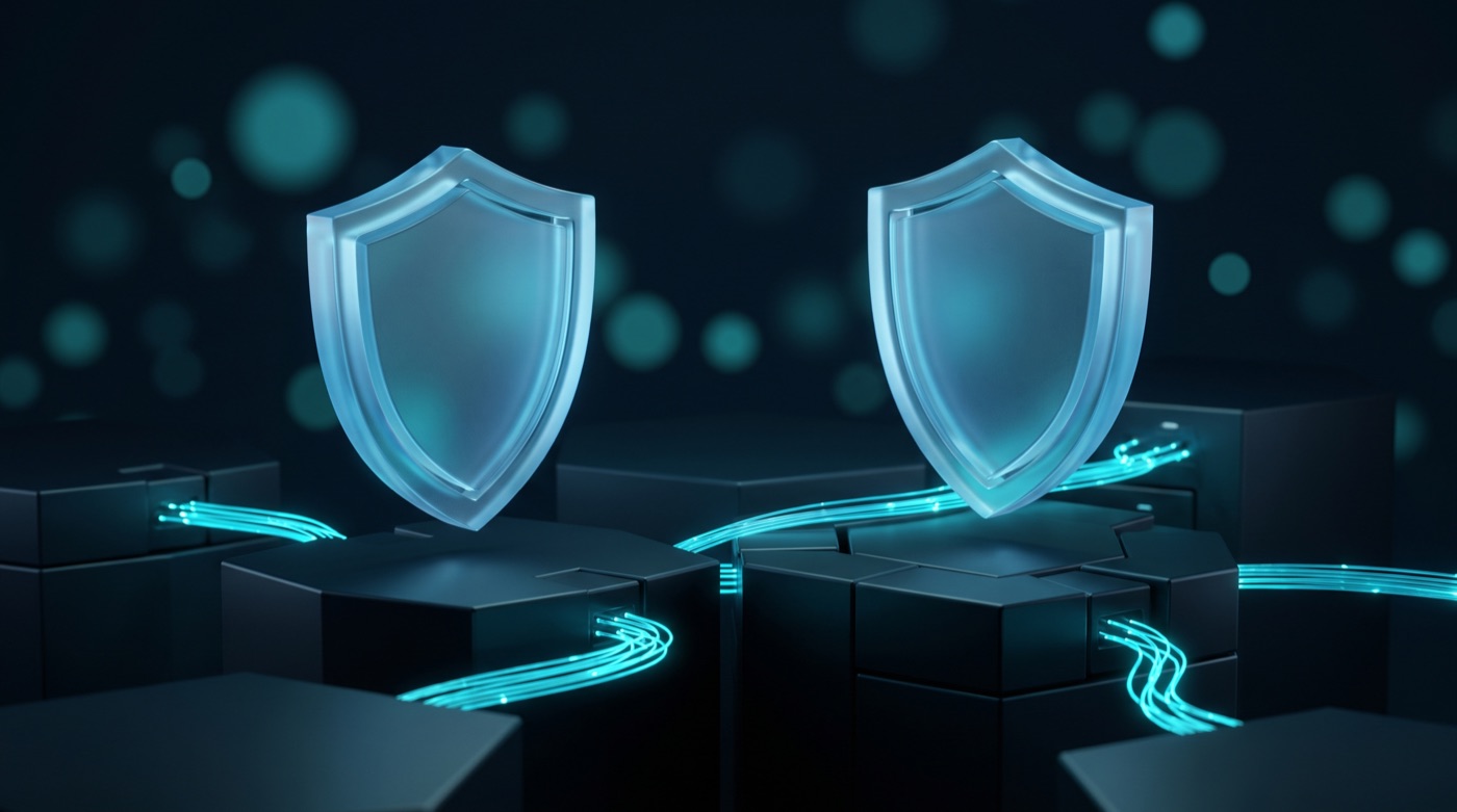 Schutzschild über abgeschotteten Netzzonen, abstrakt in Navy und Cyan